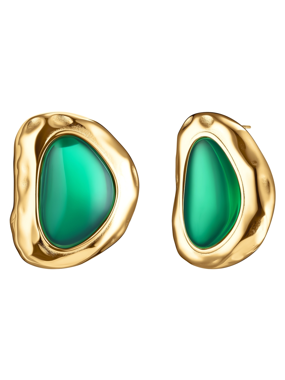 Gold-Tone Green Stone Sculpted Stud Earrings
